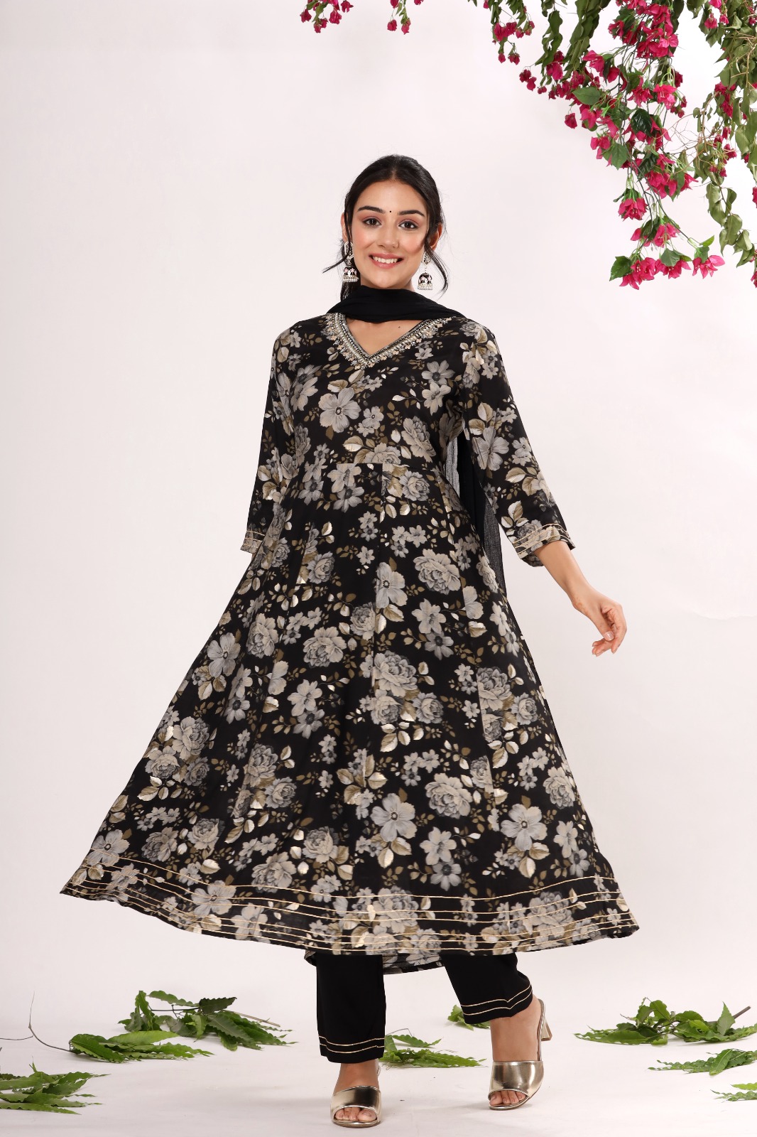 Black Linen Cotton Floral Print Kurti, Pant and Dupatta set | Shreeji  Clothing